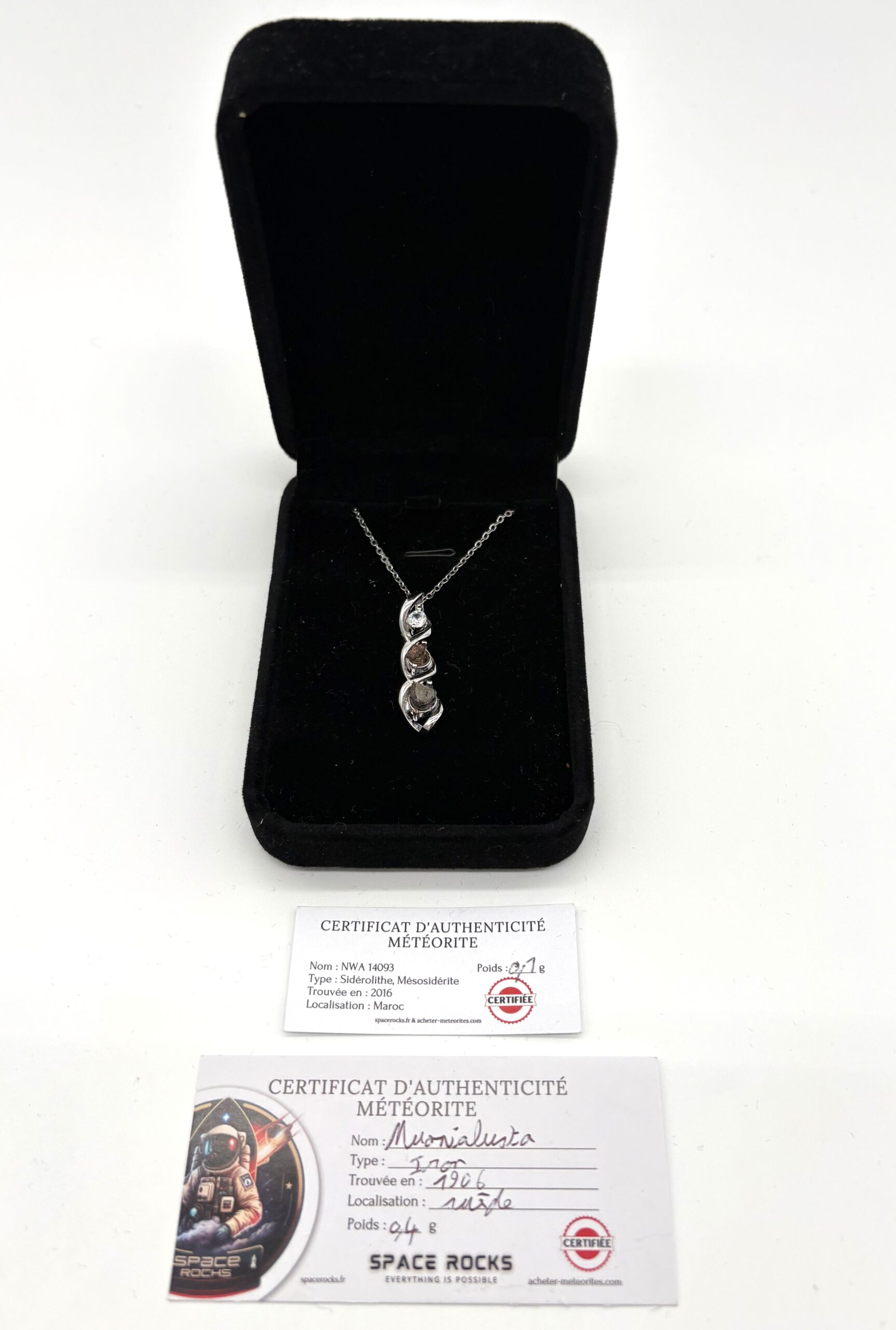 Collar de plata de diseño - colgante trenzado con meteoritos y circón